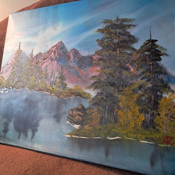 Bob Ross Inspired Hand Painted Canvas Purple Mountains Big Evergreen Trees - Picture 4 of 6